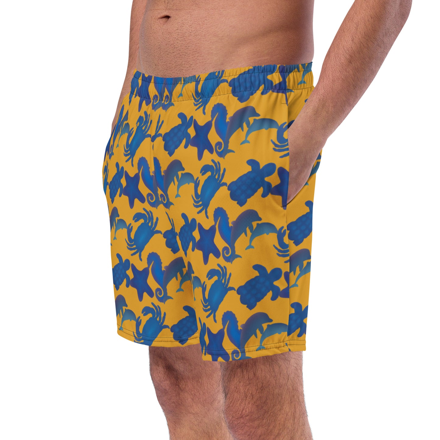 left front view of model wearing seascape swim trunks in yellow