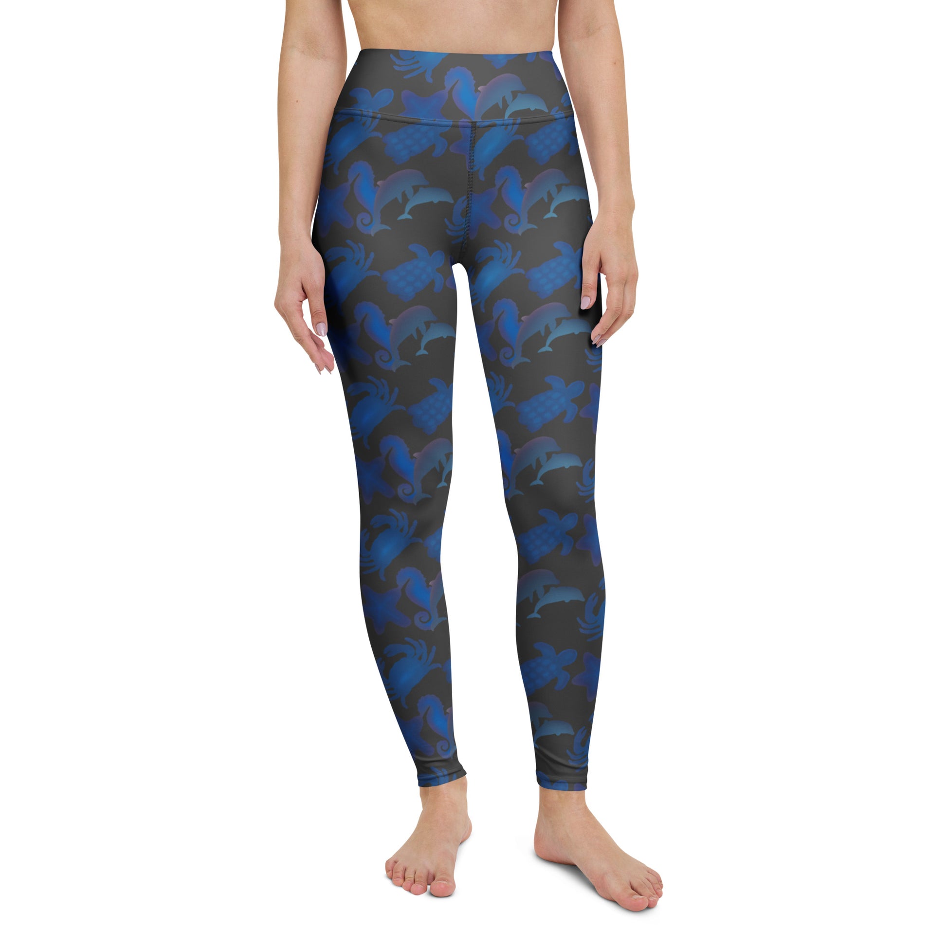  front view of model wearing seascape yoga leggings on gray brown
