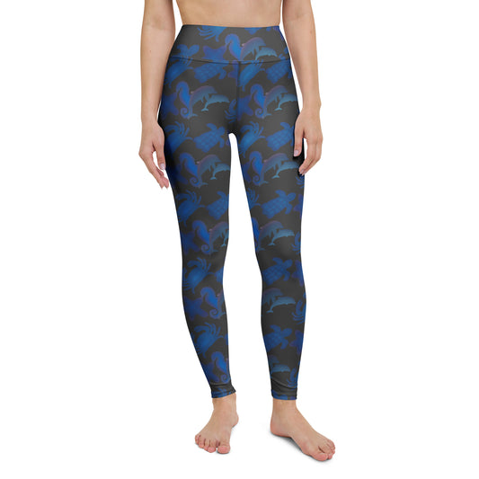  front view of model wearing seascape yoga leggings on gray brown