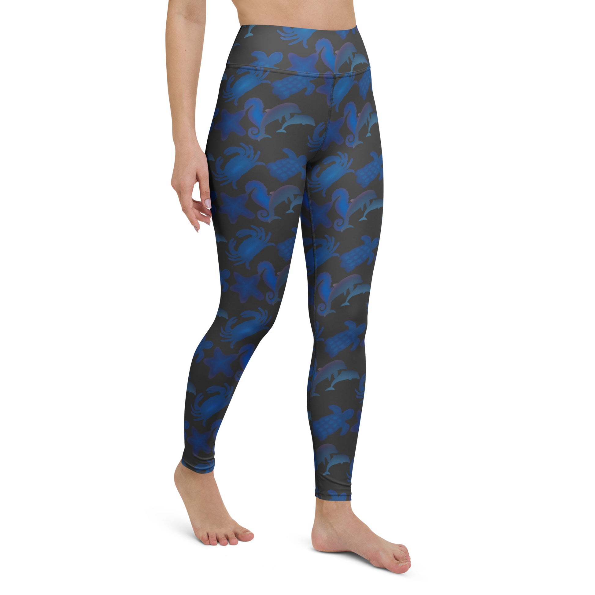 right front view of model wearing seascape yoga leggings on gray brown