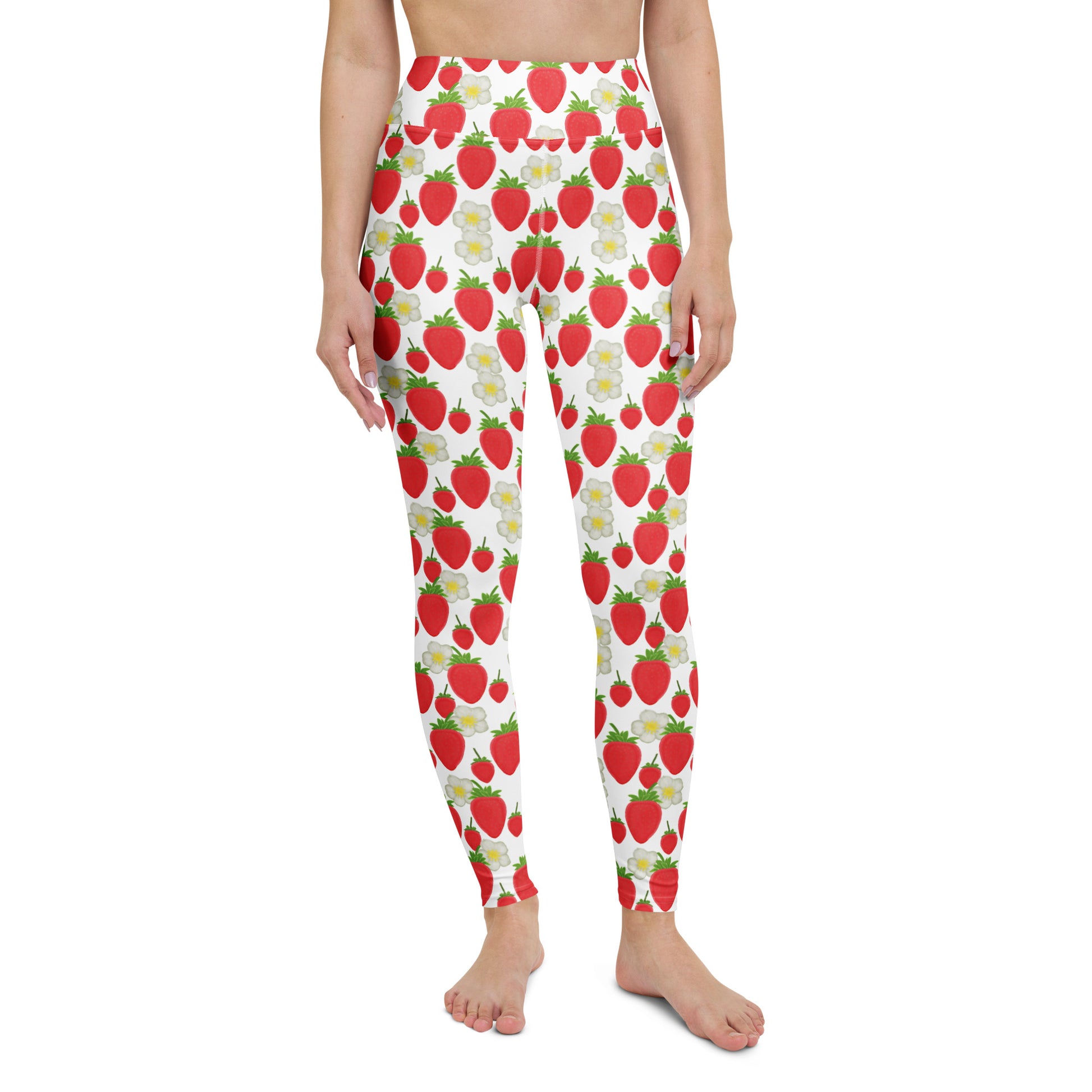  front view of model wearing strawberry yoga leggings on white