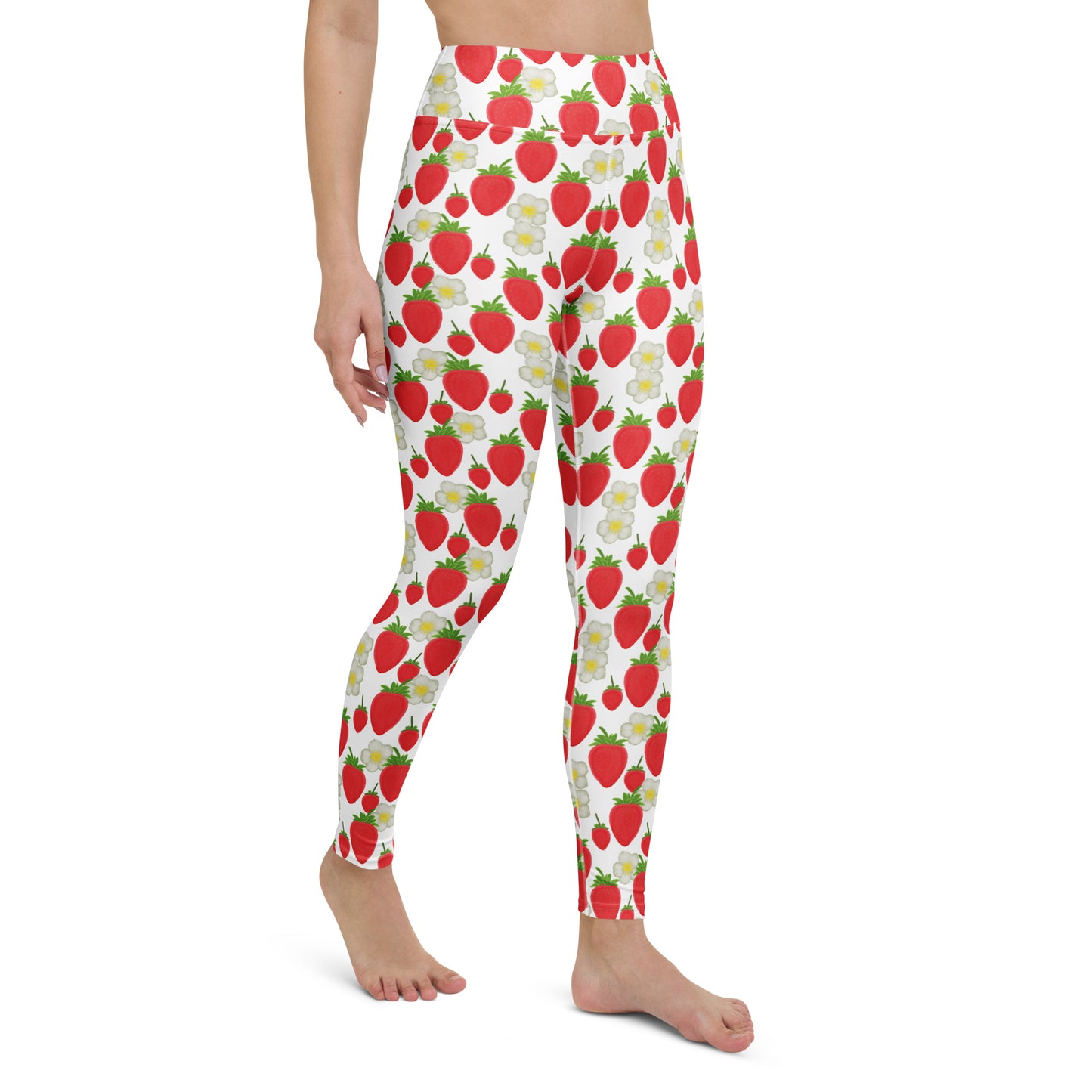 right  front view of model wearing  strawberry yoga leggings on white