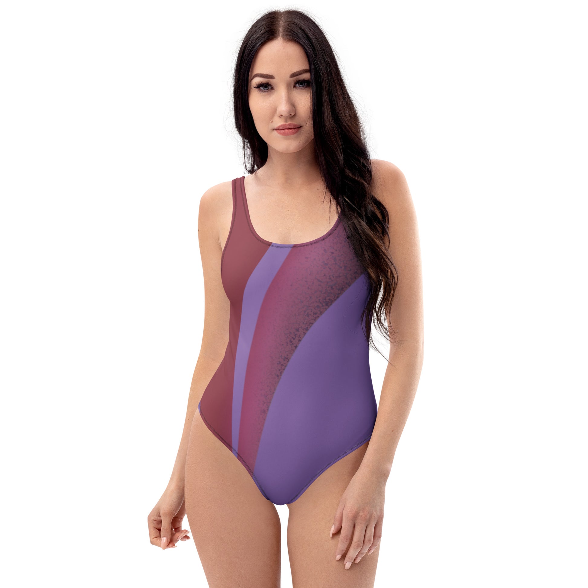 front view of model wearing waves one piece swimsuit in lilac