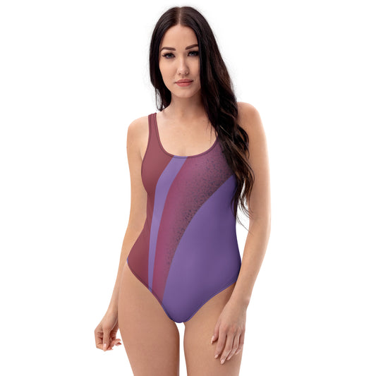 front view of model wearing waves one piece swimsuit in lilac