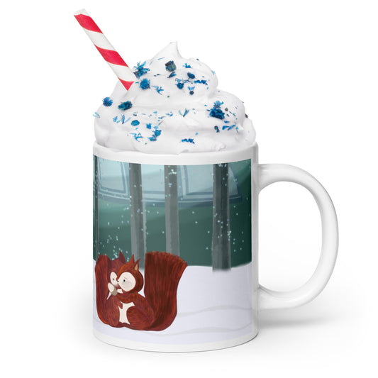 Winters Tale Forest Animals 1 Ceramic Mug perfect Christmas or Thanksgiving gift featuring a squirrel in a snowy forest design
